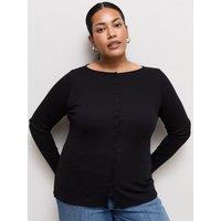 New Look Womens Curve Ribbed Button Front Long Sleeve Top - Black