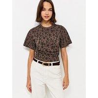 New Look Cotton Leopard Print Corset Waist T-Shirt - Brown