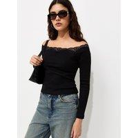 New Look Womens Bardot Lace Trim Long Sleeve Top - Black