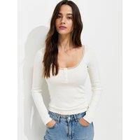 New Look Womens Cotton Rich Lace Trim Henley Top - Cream