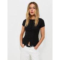 New Look Cotton Rich Button Through Baby Tee T-Shirt - Black