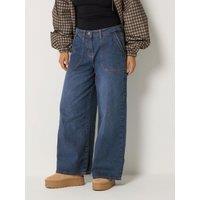 Pixiegirl Womens Petite Plait Pocket High Rise Wide Leg Jeans - Blue