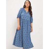 Yours Curve Polka Notch Neck Dress - Blue