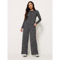 Pixiegirl Petite Stripe Button Through Top And Trouser Set - Black