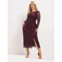 Yours Curve Lace Side Twist Dress - Brown
