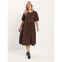 Yours Curve Puff Sleeve Tiered Dress - Brown