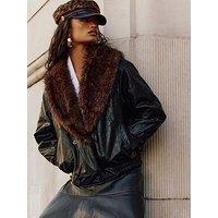 River Island Faux Fur Collar Faux Leather Jacket - Black