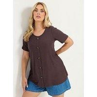 Yours Curve Rib Swing Button Front T-Shirt - Brown