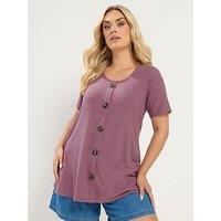 Yours Curve Rib Swing Button Front T-Shirt - Pink