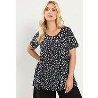 Yours Curve Swing Ditsy Floral Ribbed T-Shirt - Black