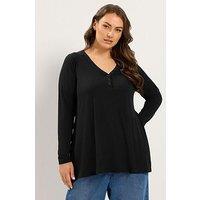 Yours Curve Henley Rib Swing Top - Black