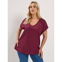 Yours Curve Textured Grown On Sleeve V Neck T-Shirt - Red