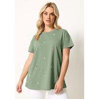 Yours Curve Embroidery Blossom T-Shirt - Green