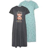 Yours Curve 2 Pack Highland Cow Midaxi Nightdress - Grey/Sage