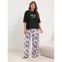 Yours Curve Leopard Extra Wide Leg Pyjama Set - Black