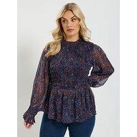 Yours Curve Ruched Sleeve Top - Brown/Blue