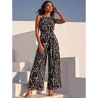 Roman Animal Print Pleat Neck Jumpsuit