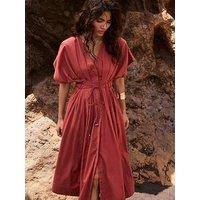 Mint Velvet Rust Cotton Tie Waist Midi Dress - Red