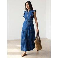 Mint Velvet Ruffle Tiered Denim Dress - Blue