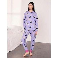 Chelsea Peers Halloween Cat Print Long Pyjama Set - Lilac