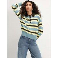 River Island Stripe Embellished Knit Polo Shirt - Blue