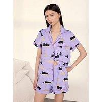 Chelsea Peers Halloween Cat Print Short Pyjama Set - Lilac