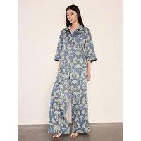 Chelsea Peers Satin Tigers & Peacocks Print Long Pyjama Set - Blue