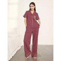 Chelsea Peers Cotton Embroidered Good Night Stripe Long Pyjama Set