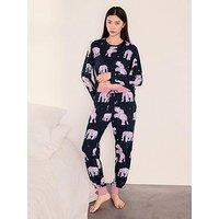 Chelsea Peers Elephant Dreamscape Print Long Pyjama Set - Navy
