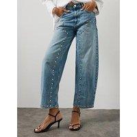 Allsaints High Waist Barrel Leg Studded Denim Jeans - Blue
