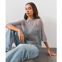 Allsaints Anabel Pointelle Embroidered Polo T-Shirt - Blue
