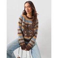Allsaints Womens Rega Mohair Blend Striped Crew Neck Jumper - Blue