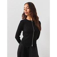 Allsaints Cruz Dual Zip Ribbed Cardigan - Black