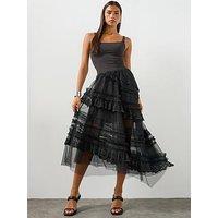 Allsaints Jen Tiered Lace Textile Midi Skirt - Black