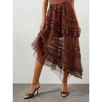 Allsaints Jen Tiered Lace Textile Midi Skirt - Brown