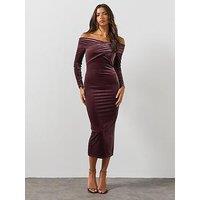 Allsaints Womens Off-Shoulder Stretch Velvet Bodycon Midi Dress - Red