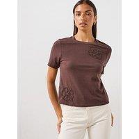 Mango Floral Embroidered Short Sleeve T-Shirt - Brown