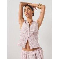 Mango V Neck Checked Co-Ord Blouse - Pink
