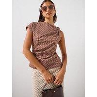 Mango Checked Ruched Cap Sleeve Top - Brown