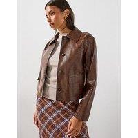 Mango Women'S Croc-Effect Button-Front Cropped Jacket - Brown