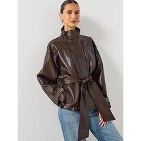Mango Oversized Belted Faux Leather Jacket - Brown