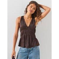 Mango Ruched V-Neck Top - Brown