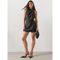Mango Draped Neck Satin Dress - Black