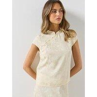 Mango Womens Jacquard Asymmetric Button Mandarin Collar Blouse - Cream