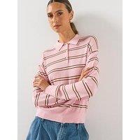 Mango Striped Polo Collar Knit Sweater - Pastel Pink
