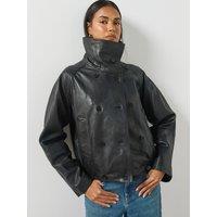 Mango Womens Oversized Funnel Neck Leather Jacket - Black