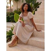 Roman Stripe Puff Sleeve Midi Dress