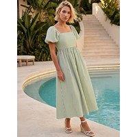 Roman Stripe Puff Sleeve Midi Dress