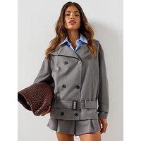 Mango Funnel Neck Belted Trench Coat - Grey