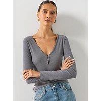Mango Ribbed Long Sleeve V-Neck Top - Grey